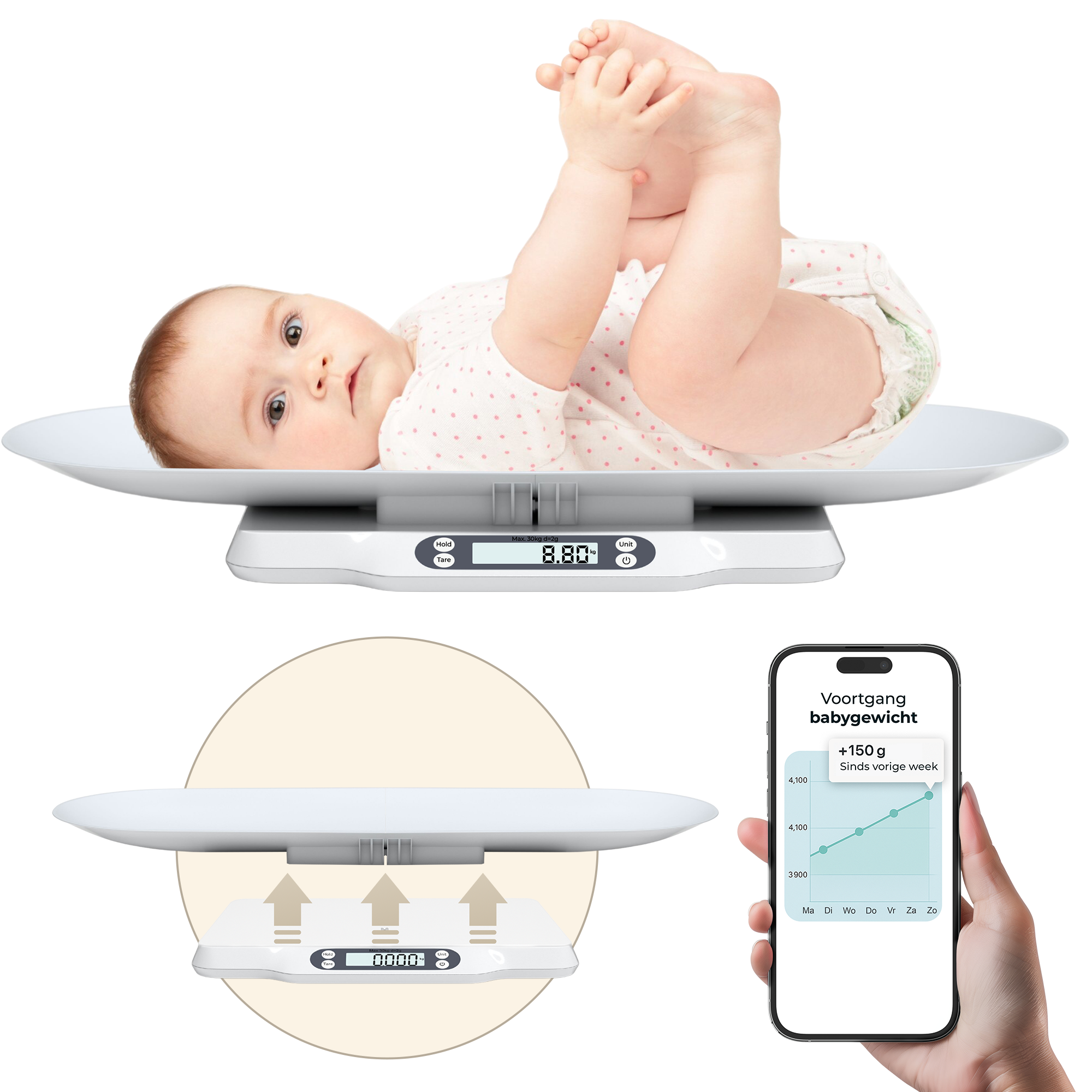 Gatson Babyweegschaal - Met App - Inclusief Meetlint