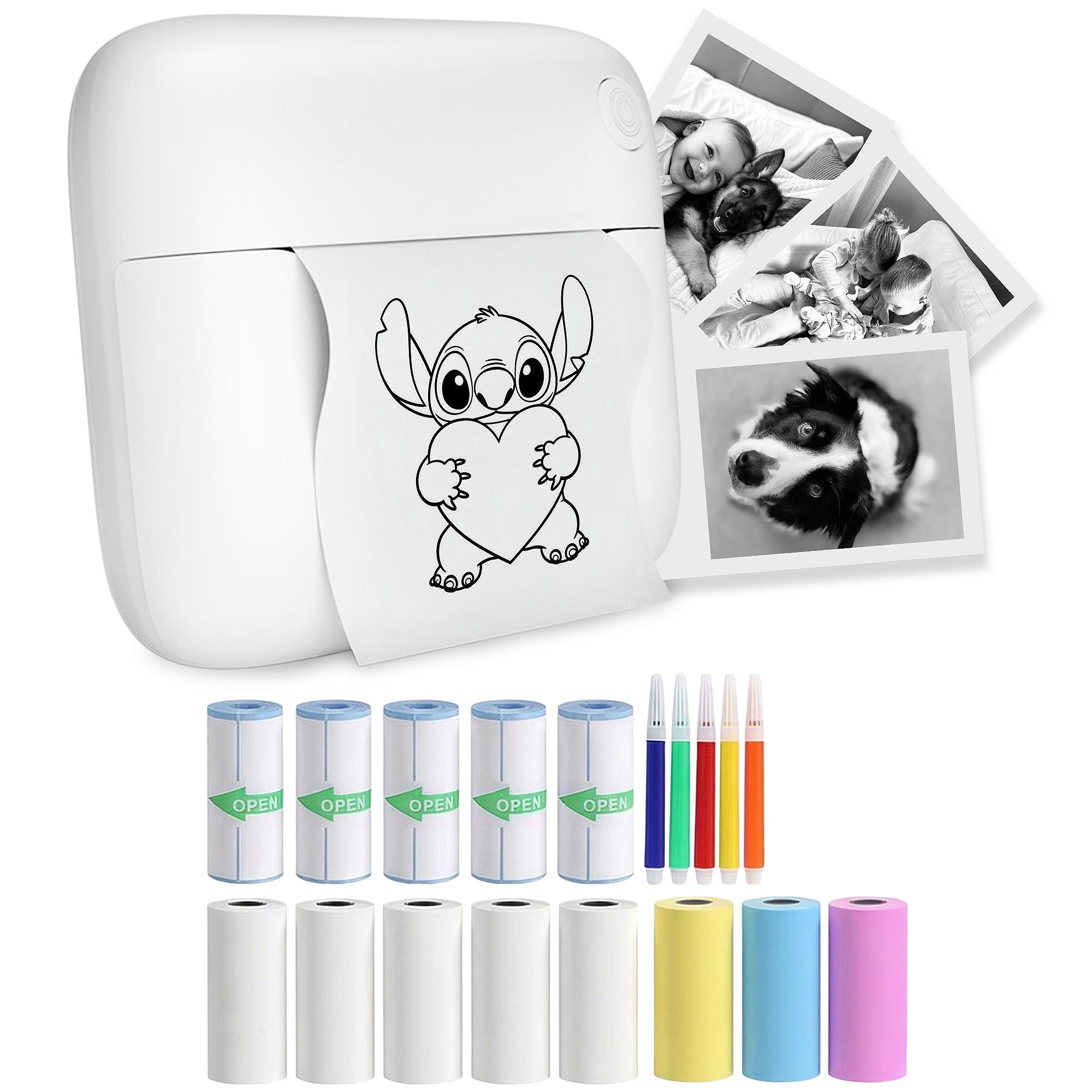Gatson Mini Printer Wit - Inclusief 14 Rollen Papier (Sticker, Normaal & Kleur) + 5 pennen