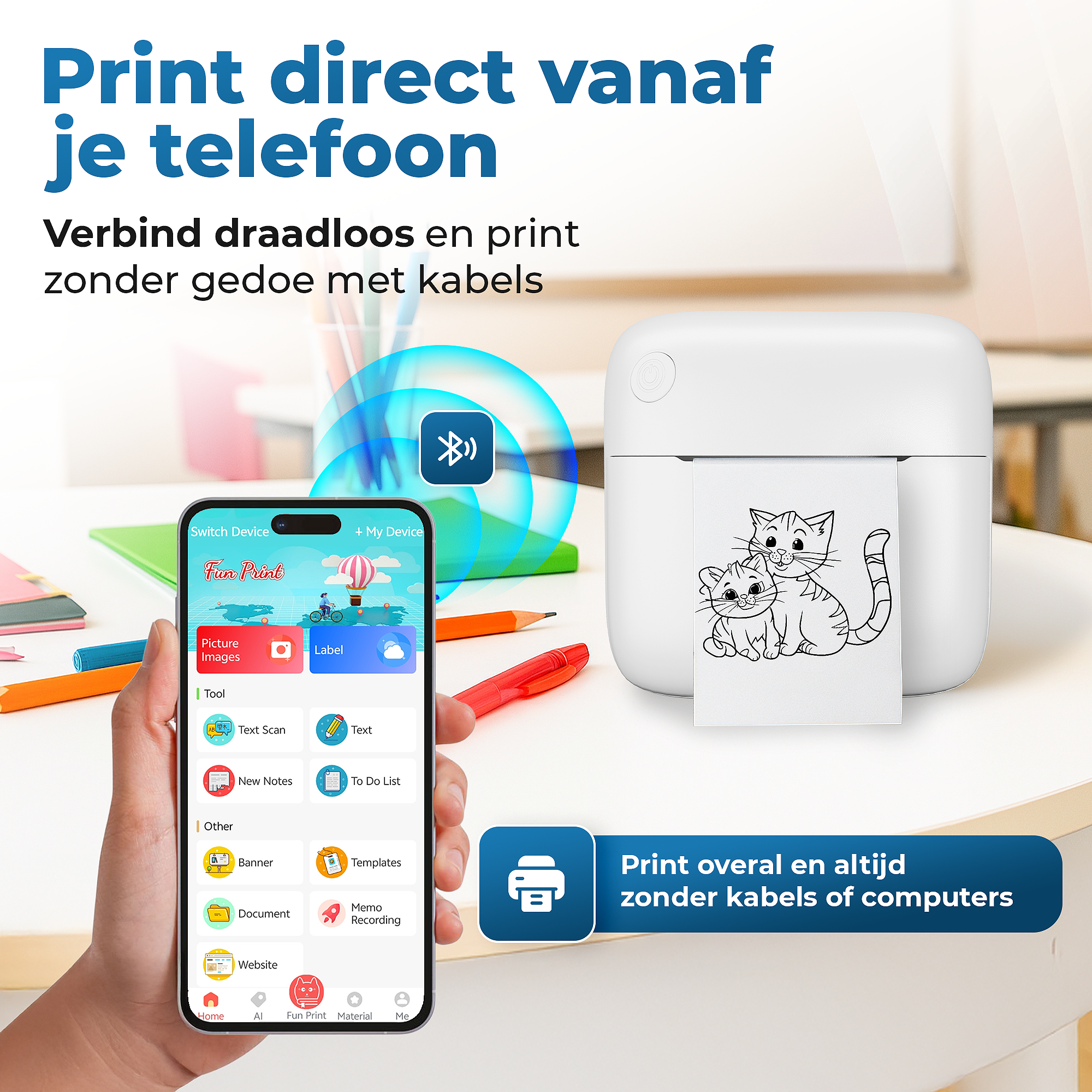 Gatson Mini Printer Wit - Inclusief 14 Rollen Papier (Sticker, Normaal & Kleur) + 5 pennen