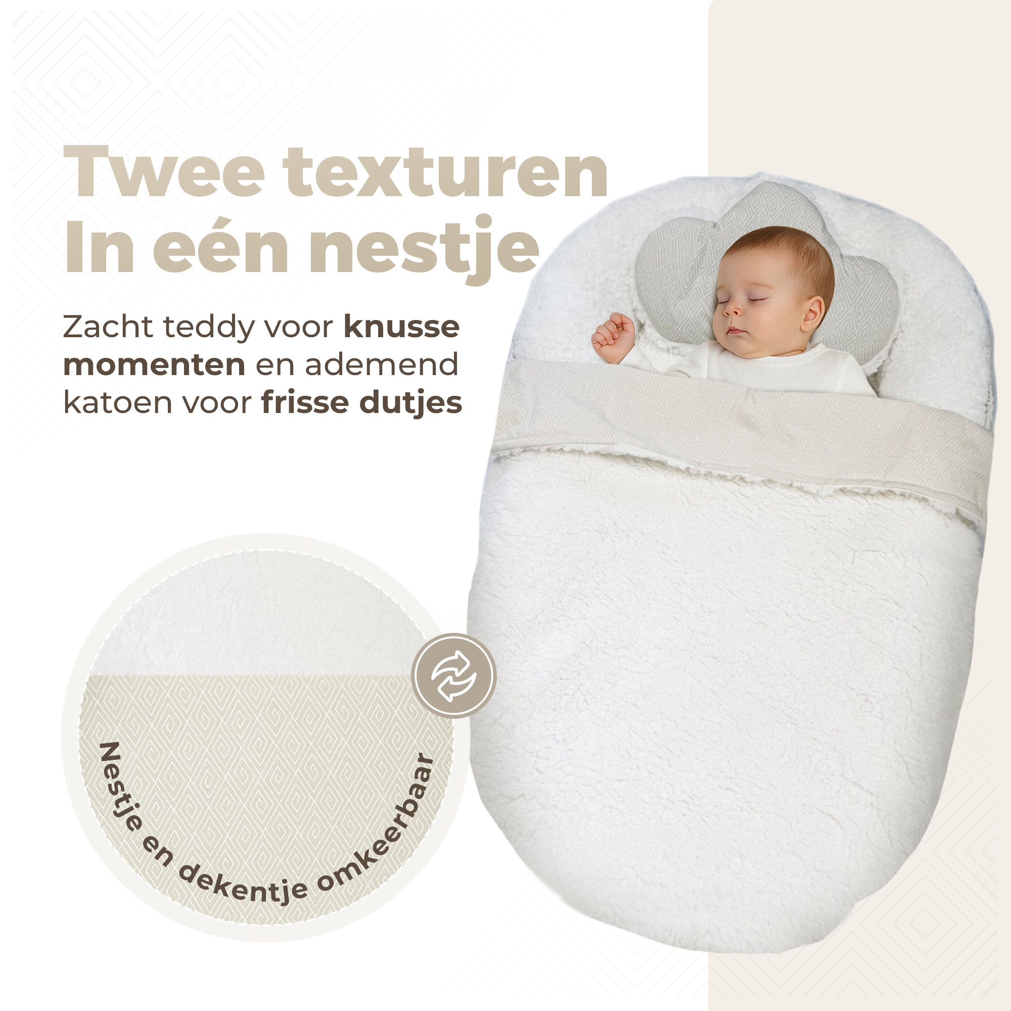 Gatson Babynestje - Verstelbaar - Dubbelzijdig Teddy Fleece & Biokatoen - Wasbaar - Met Kussentje & Dekentje