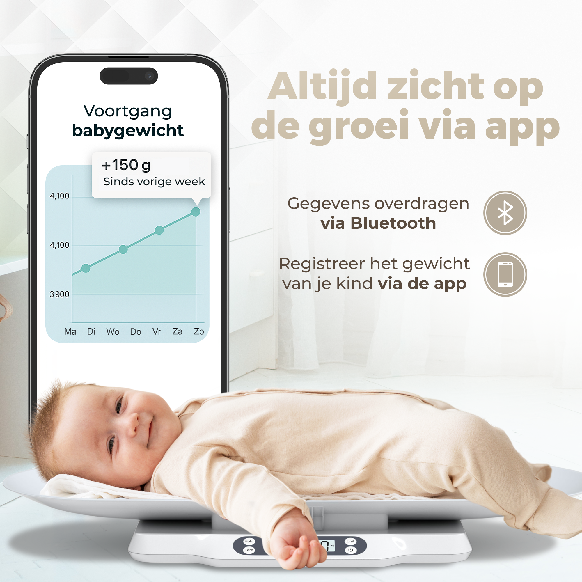 Gatson Babyweegschaal - Met App - Inclusief Meetlint
