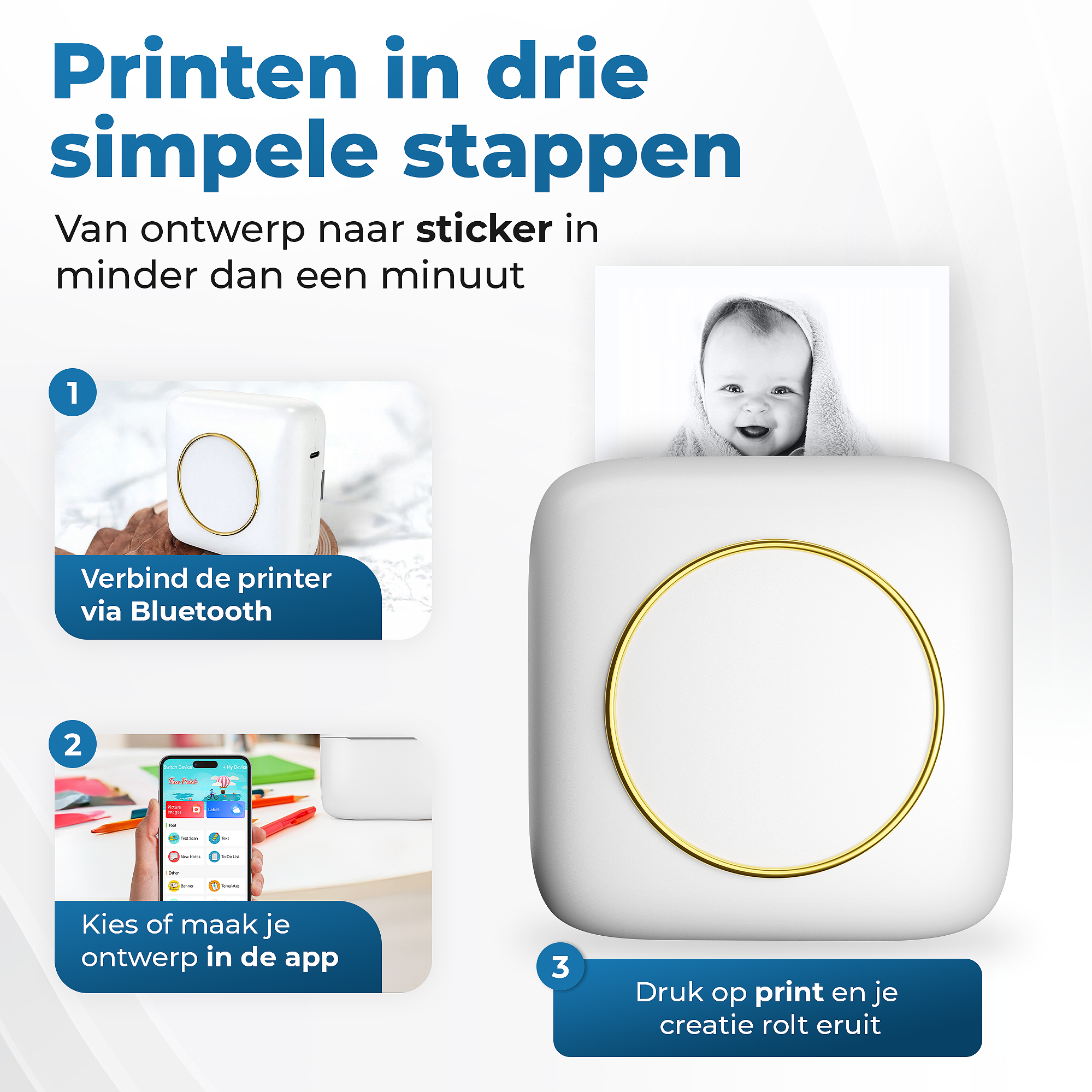 Gatson Mini Printer Wit - Inclusief 14 Rollen Papier (Sticker, Normaal & Kleur) + 5 pennen