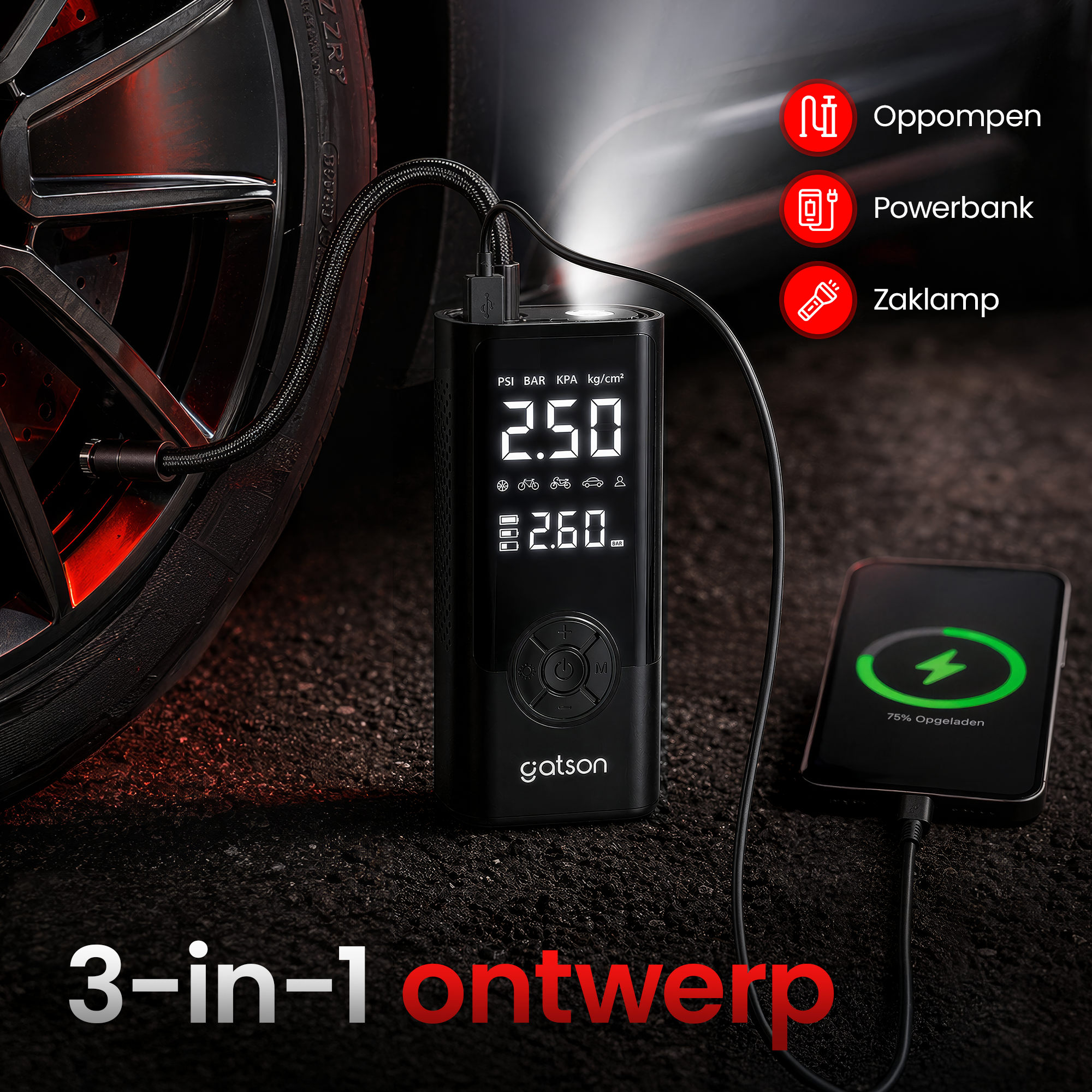 Gatson Luchtcompressor - Bandenpomp - Powerbank - Voor Auto, Motor, Fiets, Bal en Luchtbed