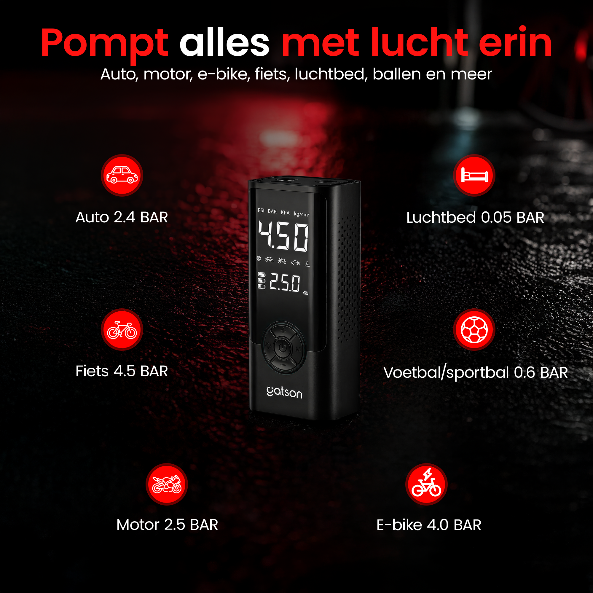 Gatson Luchtcompressor - Bandenpomp - Powerbank - Voor Auto, Motor, Fiets, Bal en Luchtbed
