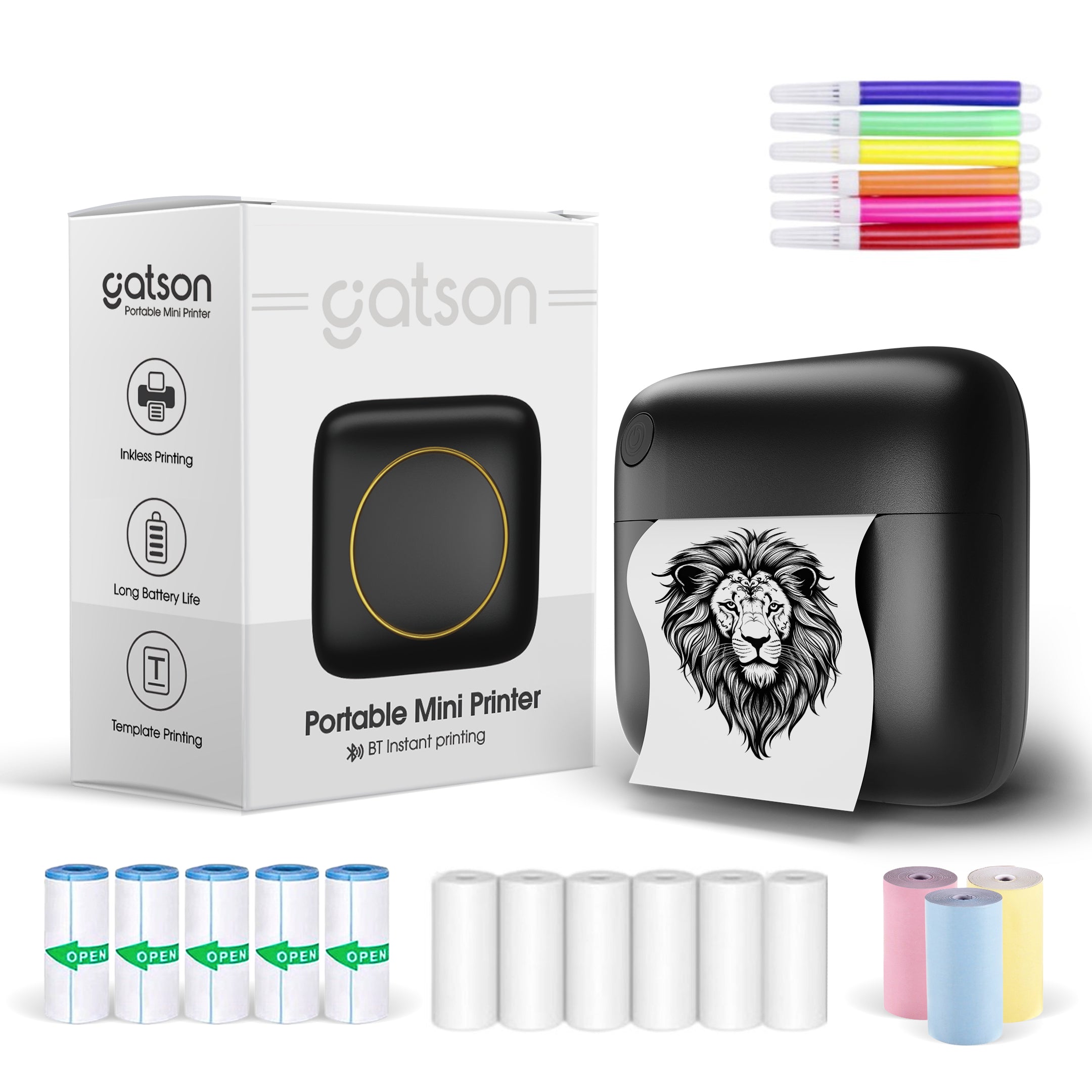 Gatson Mini Printer Zwart - Inclusief 14 Rollen Papier (Sticker, Normaal & Kleur) + 5 pennen