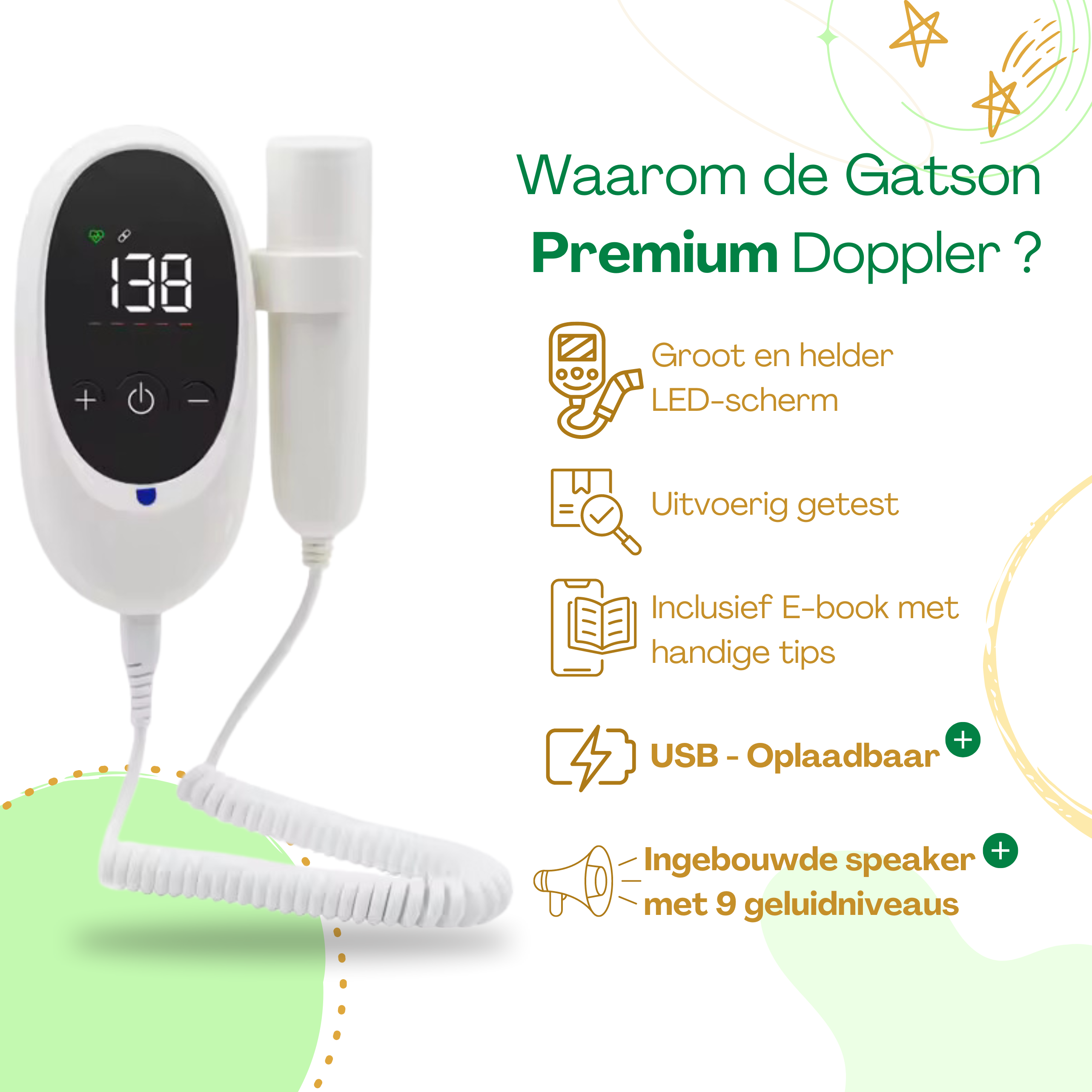Gatson Premium Doppler - Inclusief E-book en Doppler gel, USB Oplaadbaar