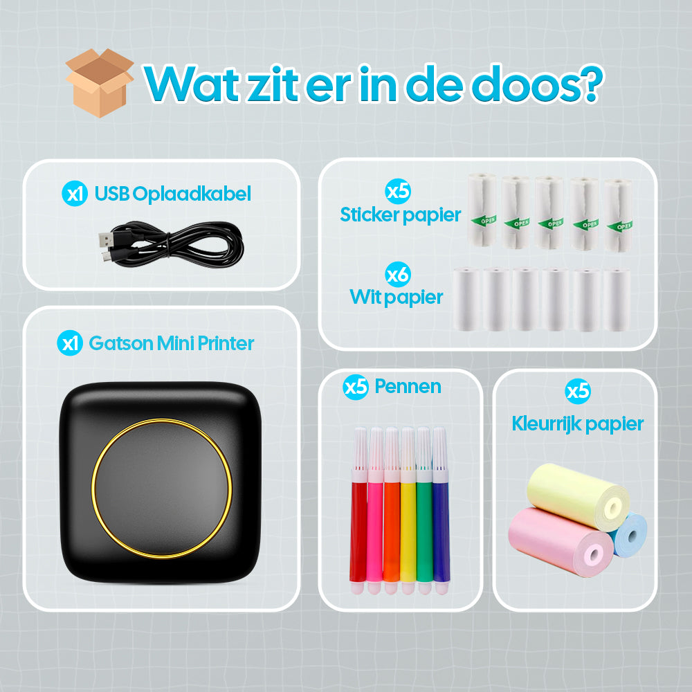 Gatson Mini Printer Zwart - Inclusief 14 Rollen Papier (Sticker, Normaal & Kleur) + 5 pennen