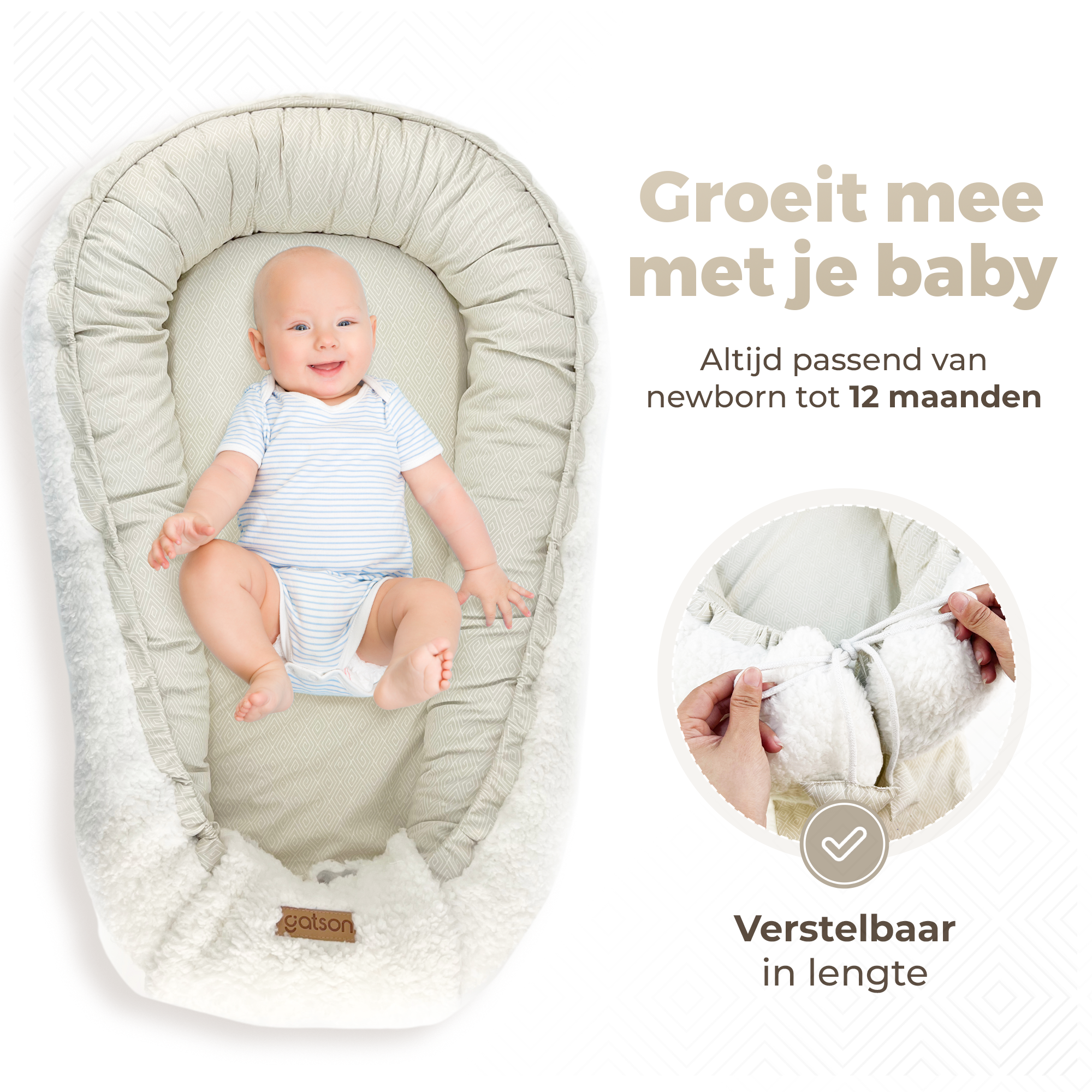 Gatson Babynestje - Verstelbaar - Dubbelzijdig Teddy Fleece & Biokatoen - Wasbaar - Met Kussentje & Dekentje