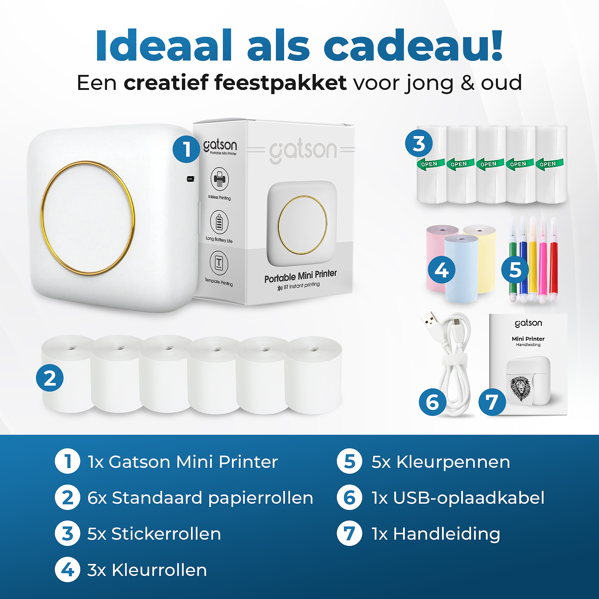 Gatson Mini Printer Wit - Inclusief 14 Rollen Papier (Sticker, Normaal & Kleur) + 5 pennen