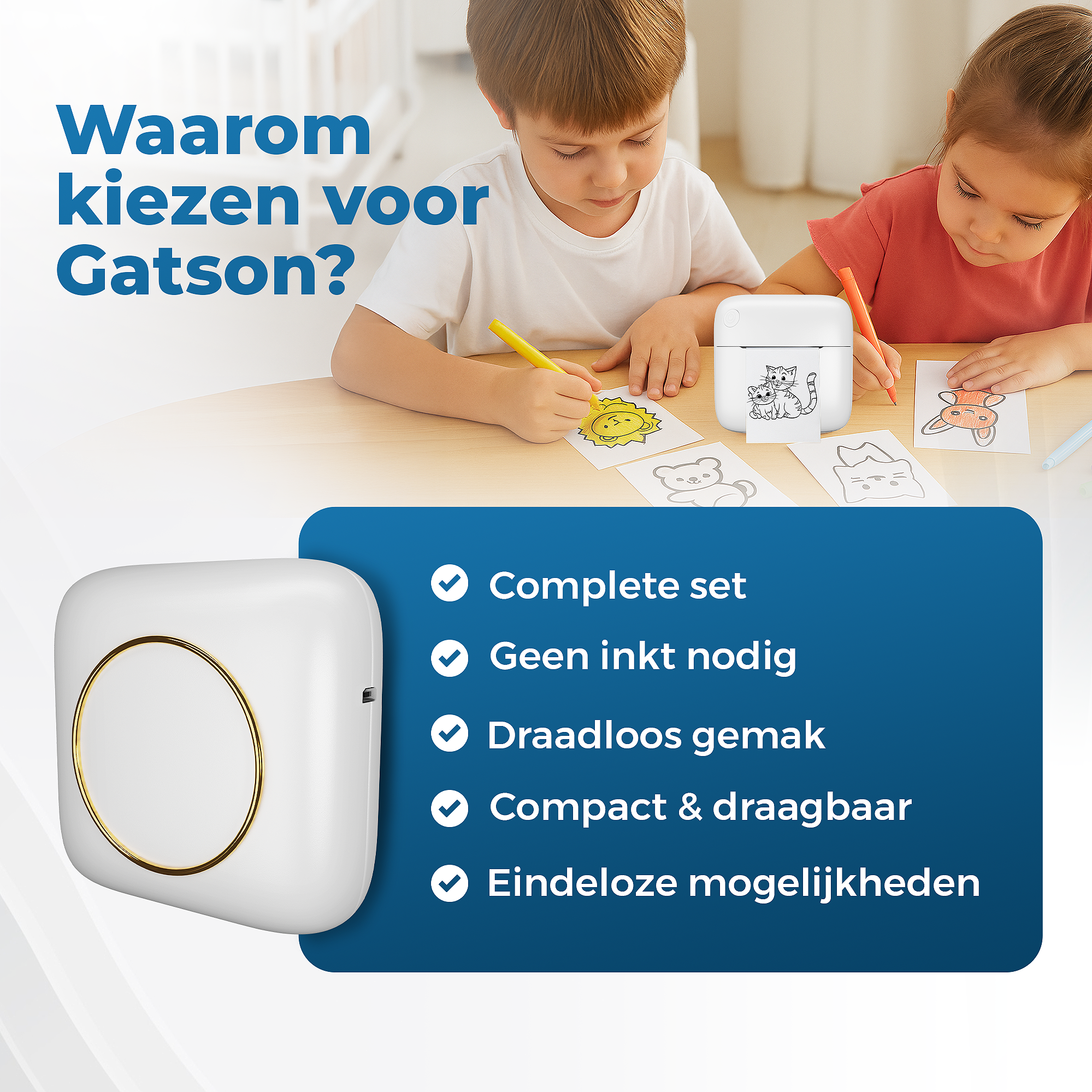 Gatson Mini Printer Wit - Inclusief 14 Rollen Papier (Sticker, Normaal & Kleur) + 5 pennen