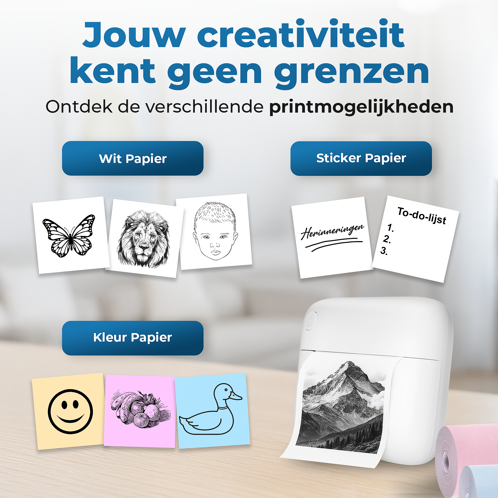 Gatson Mini Printer Wit - Inclusief 14 Rollen Papier (Sticker, Normaal & Kleur) + 5 pennen