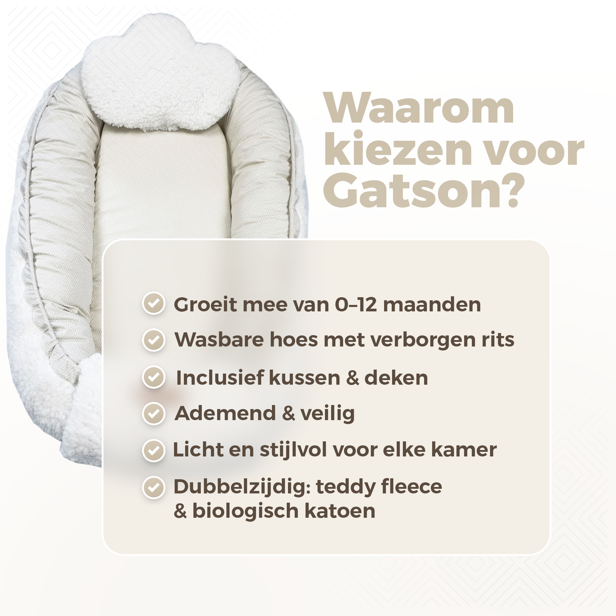 Gatson Babynestje - Verstelbaar - Dubbelzijdig Teddy Fleece & Biokatoen - Wasbaar - Met Kussentje & Dekentje