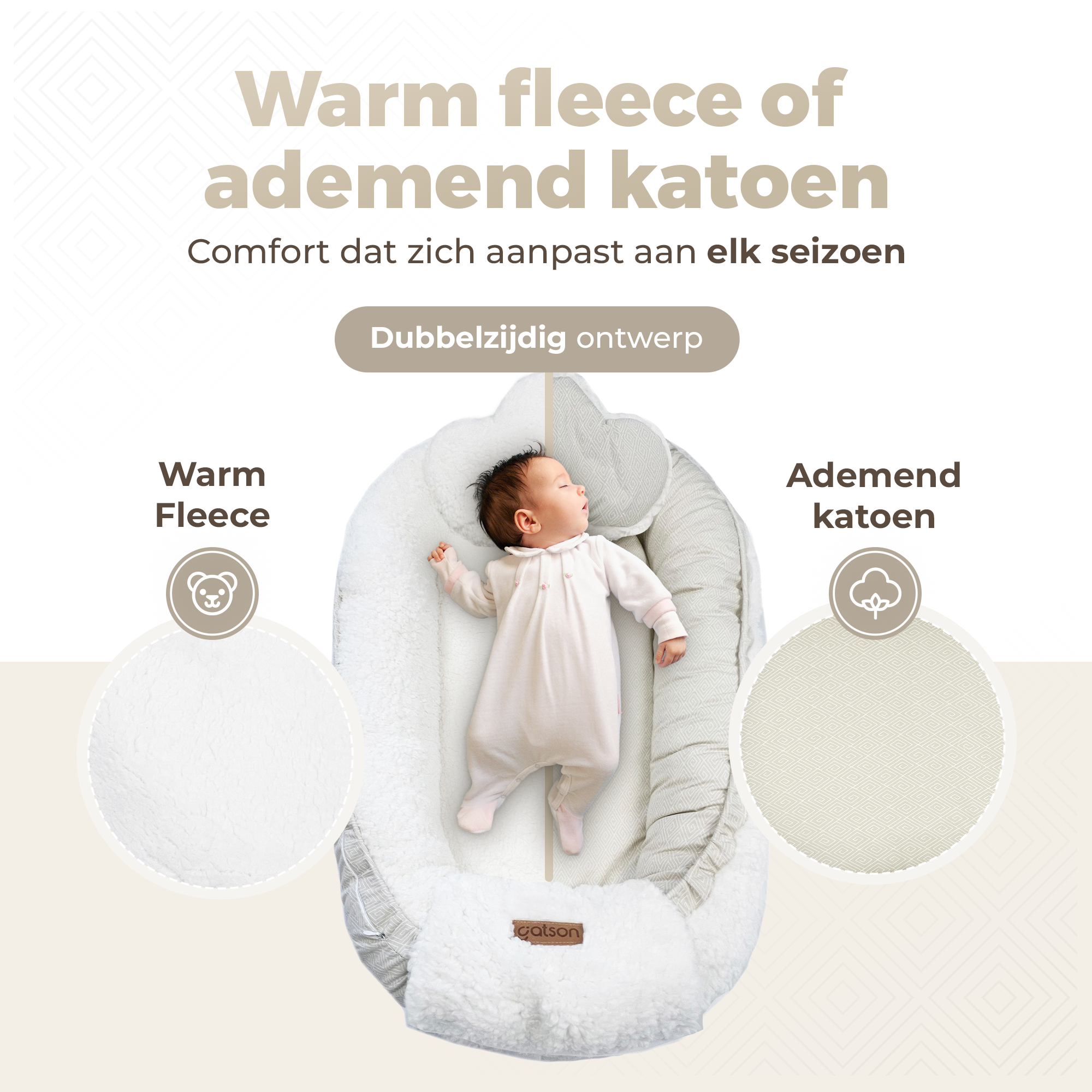 Gatson Babynestje - Verstelbaar - Dubbelzijdig Teddy Fleece & Biokatoen - Wasbaar - Met Kussentje & Dekentje