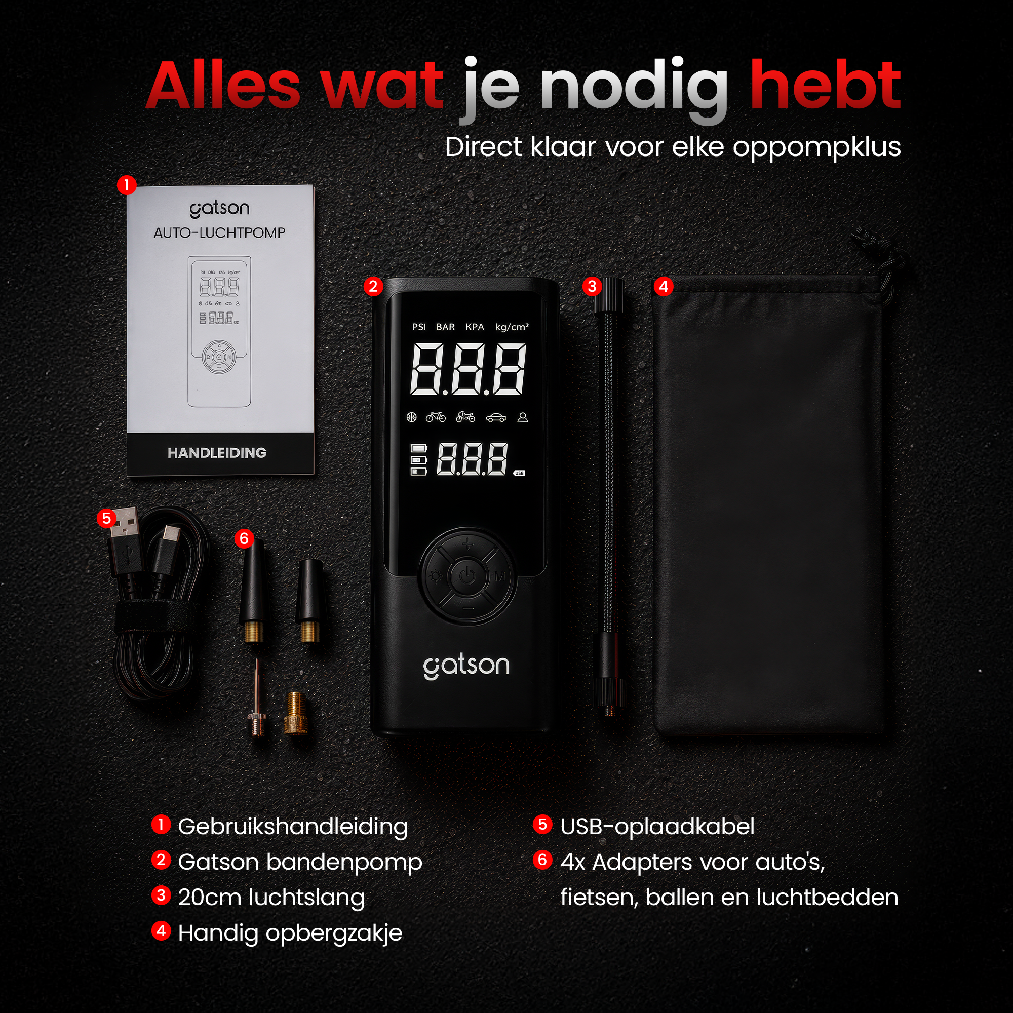 Gatson Luchtcompressor - Bandenpomp - Powerbank - Voor Auto, Motor, Fiets, Bal en Luchtbed